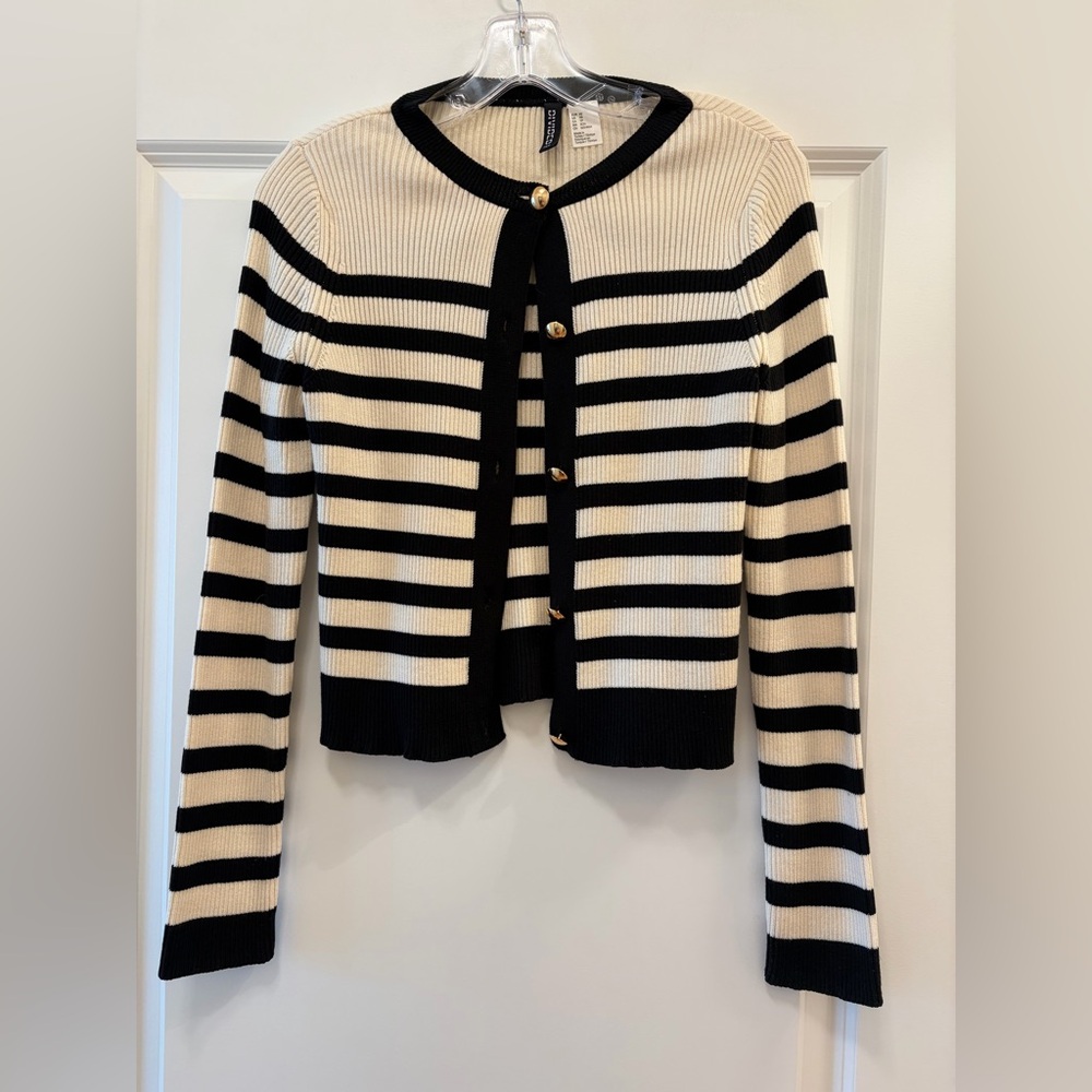 H&M Divided Cream and Black Striped Ribbed Cardigan with Gold Buttons